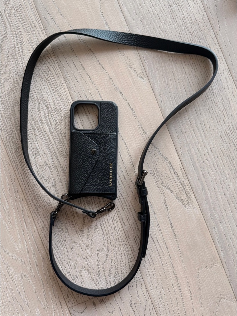 Bandolier Black Leather Crossbody Phone Case with black metallic Hardware - Picture 7 of 7